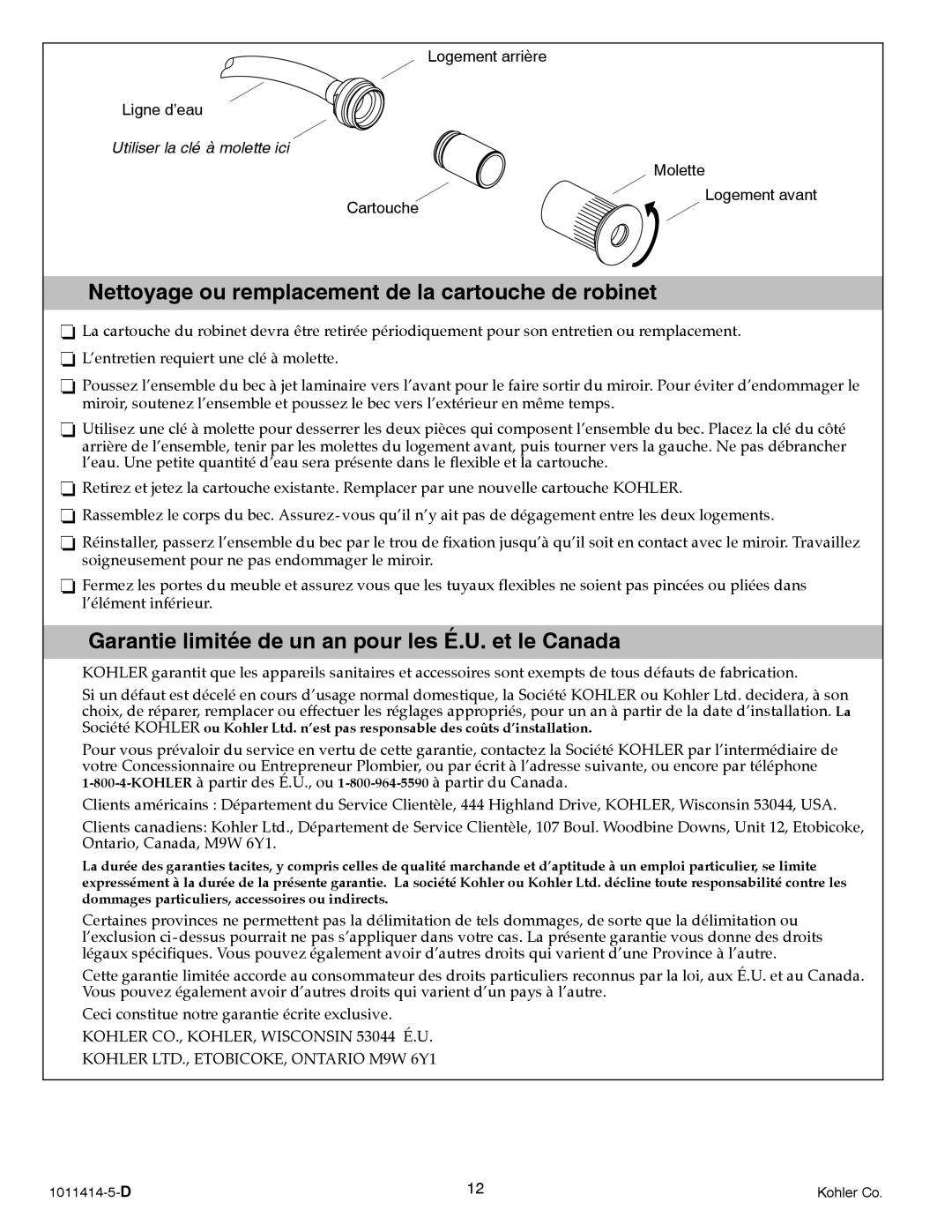 Kohler K-3092 Nettoyage ou remplacement de la cartouche de robinet, Garantie limitée de un an pour les É.U. et le Canada 