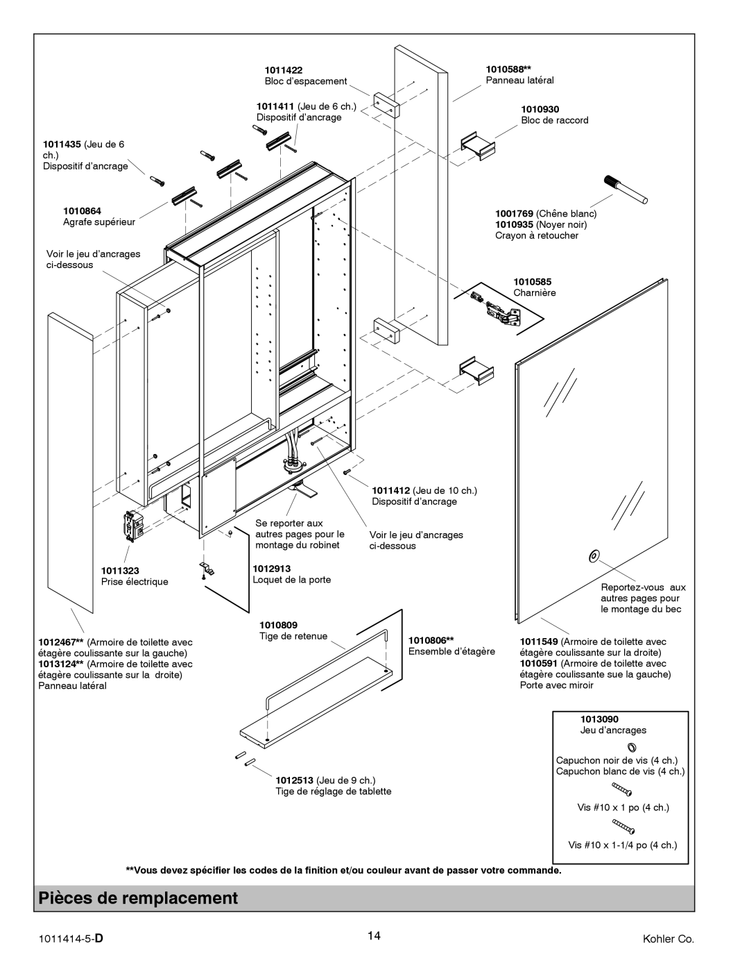 Kohler K-3092, K-3093 manual Pièces de remplacement, 1013090 