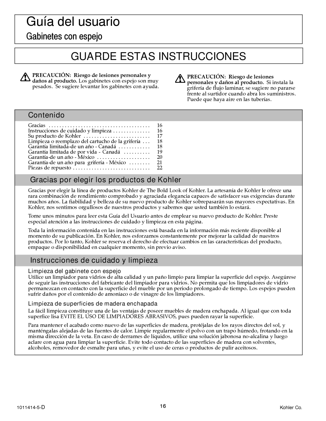 Kohler K-3092, K-3093 manual Contenido, Gracias por elegir los productos de Kohler, Instrucciones de cuidado y limpieza 