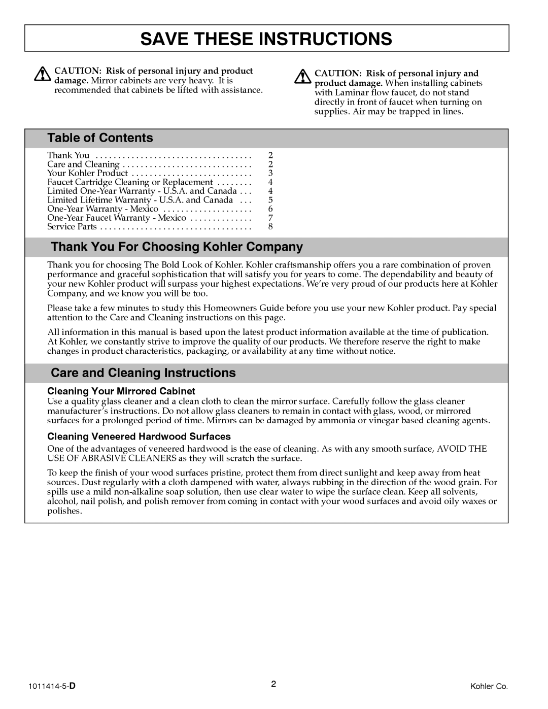 Kohler K-3092, K-3093 manual Table of Contents, Thank You For Choosing Kohler Company, Care and Cleaning Instructions 