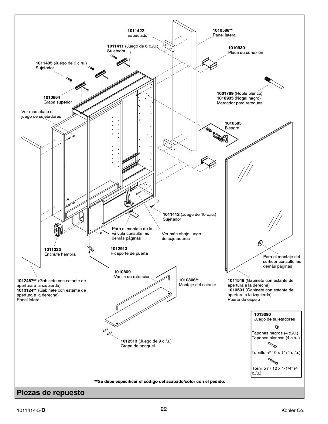 Kohler K-3092, K-3093 manual Piezas de repuesto, Enchufe hembra 