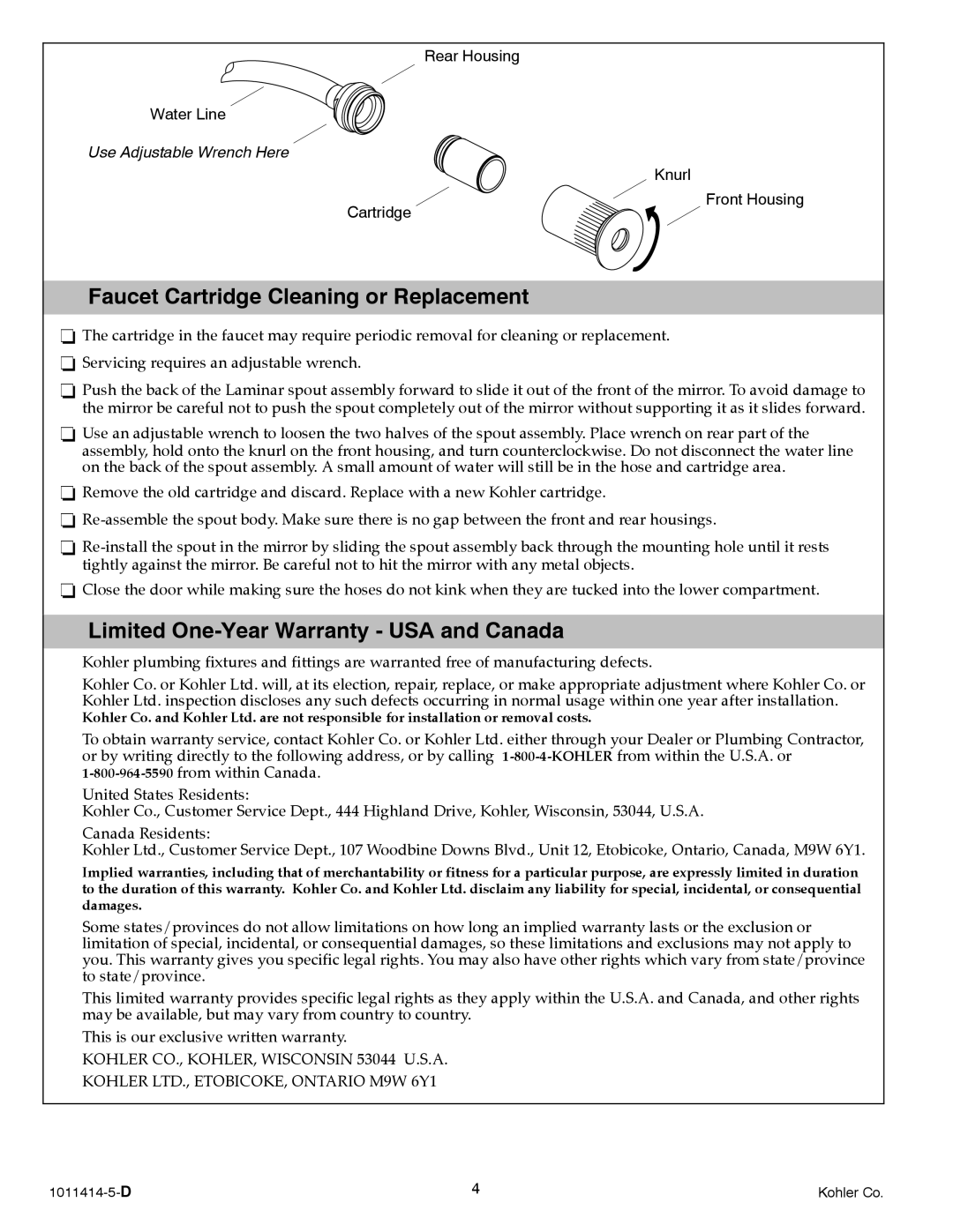 Kohler K-3092, K-3093 manual Faucet Cartridge Cleaning or Replacement, Limited One-Year Warranty USA and Canada 