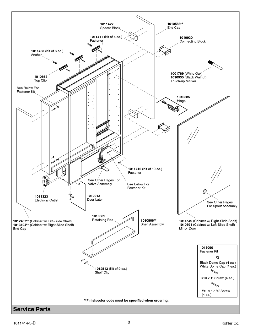 Kohler K-3092, K-3093 manual Service Parts, 1010585 