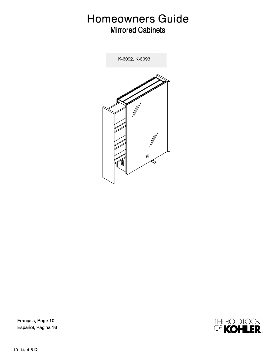 Kohler manual Homeowners Guide, Mirrored Cabinets, K-3092, K-3093 Français, Page Español, Página, 1011414-5-D 