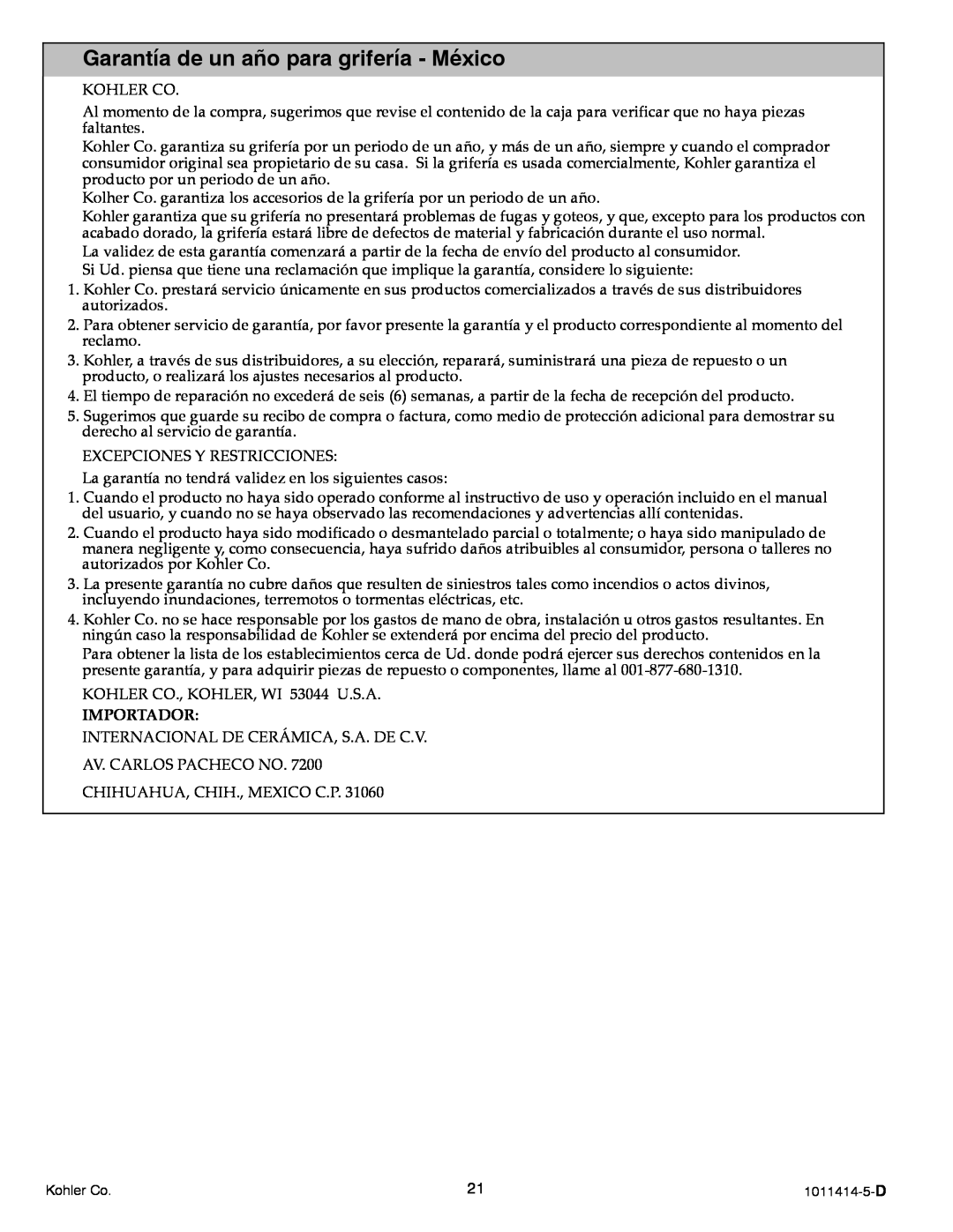 Kohler K-3093, K-3092 manual Garantía de un año para grifería - México 