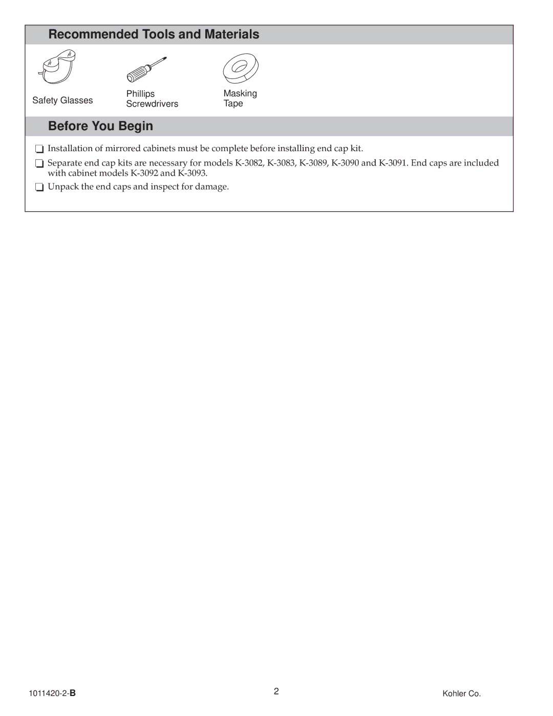 Kohler K-3094, 1011420-2-B manual Recommended Tools and Materials, Before You Begin 