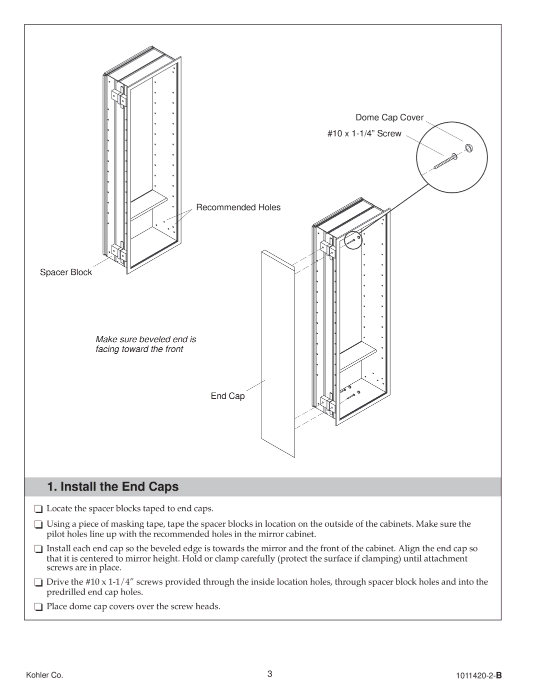 Kohler 1011420-2-B, K-3094 manual Install the End Caps 