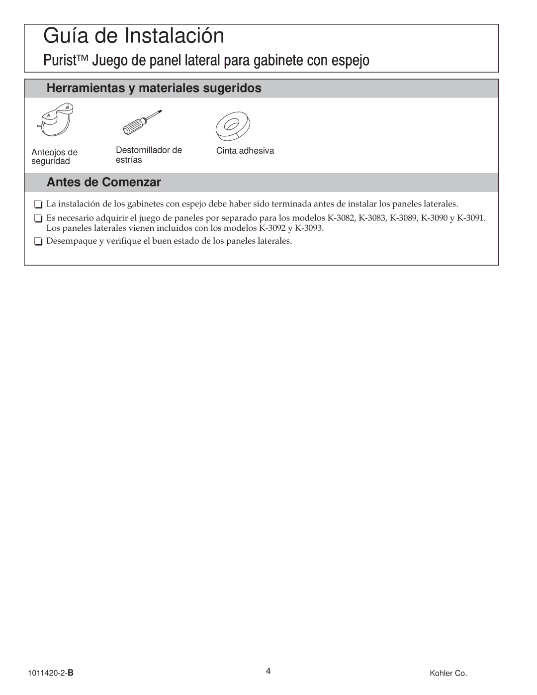 Kohler K-3094, 1011420-2-B Guía de Instalación, Purist Juego de panel lateral para gabinete con espejo, Antes de Comenzar 