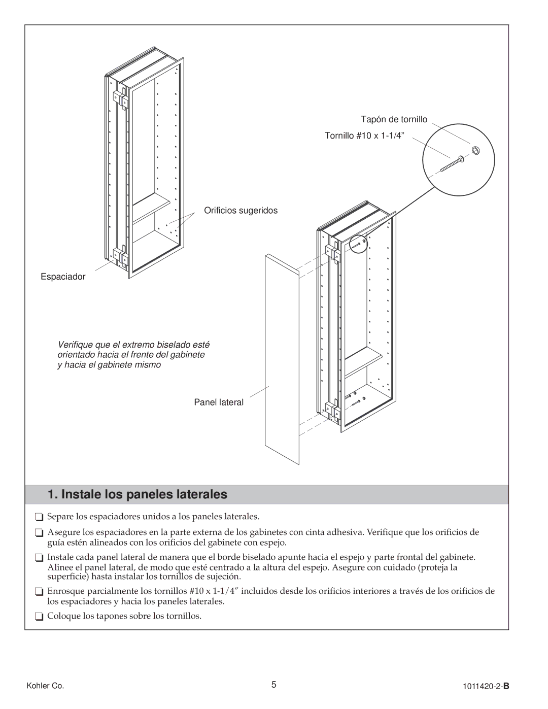 Kohler 1011420-2-B, K-3094 manual Instale los paneles laterales 