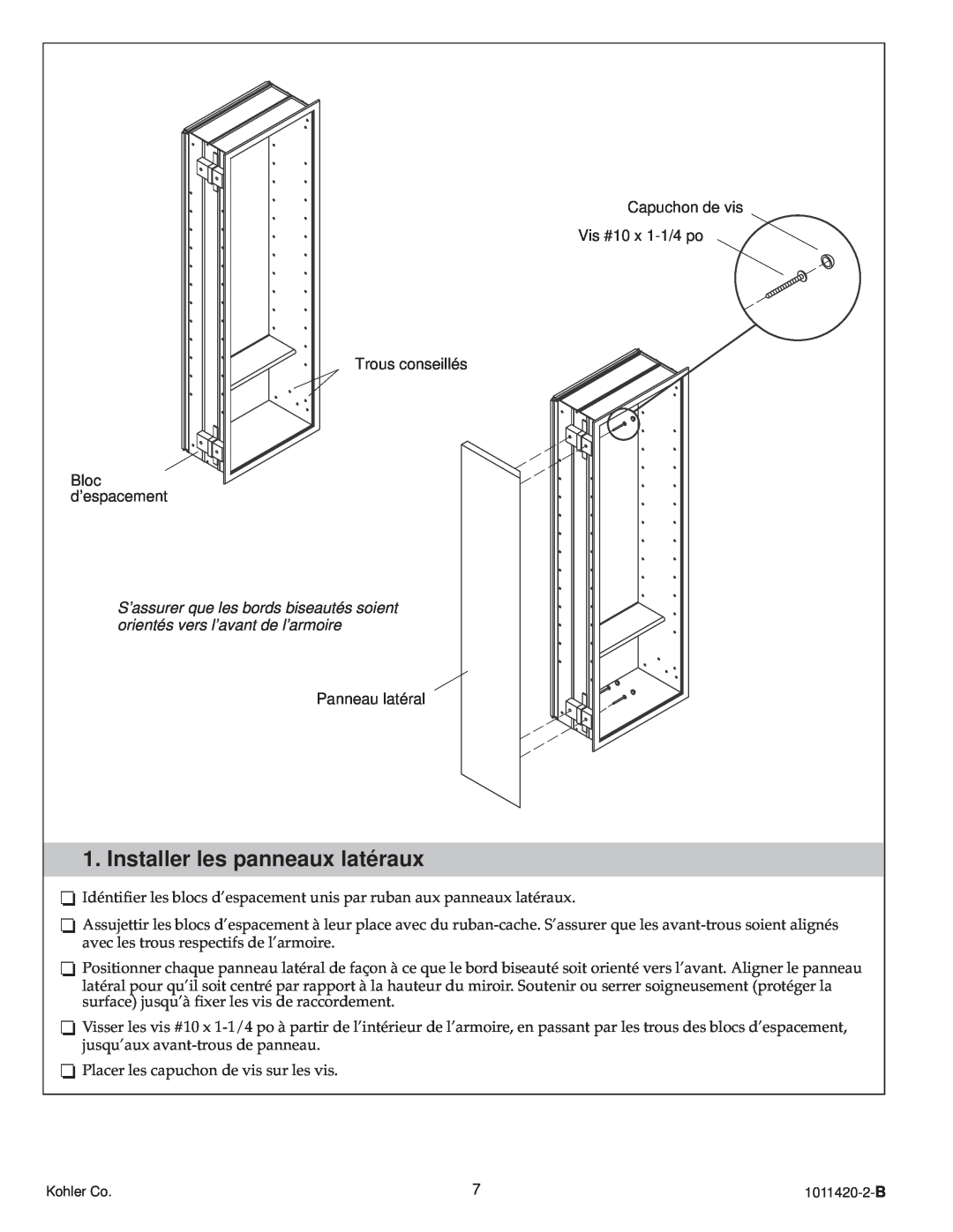 Kohler 1011420-2-B, K-3094 manual Installer les panneaux latéraux 