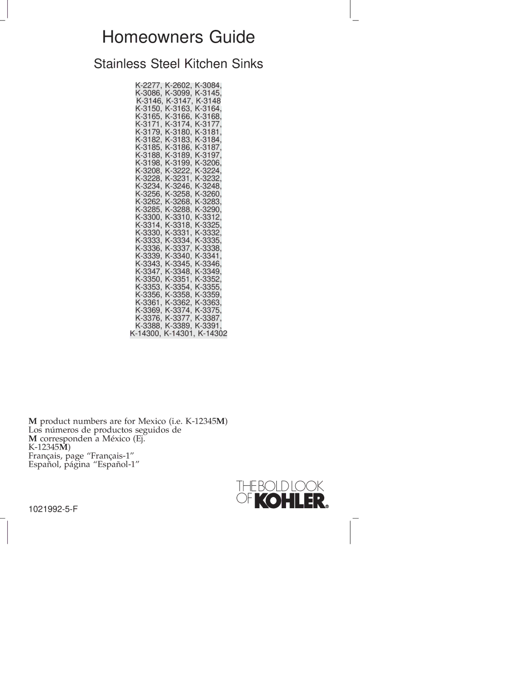 Kohler K-3166, K-3183, K-3145, K-3147, K-3182, K-3146, K-3165, K-3168, K-3099, K-3163, K-3180, K-3171, K-3181 manual Homeowners Guide 