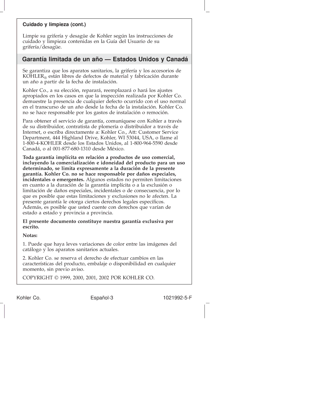 Kohler K-3171, K-3183, K-3166, K-3145, K-3147, K-3182, K-3146, K-3165 manual Garantía limitada de un año Ð Estados Unidos y Canadá 