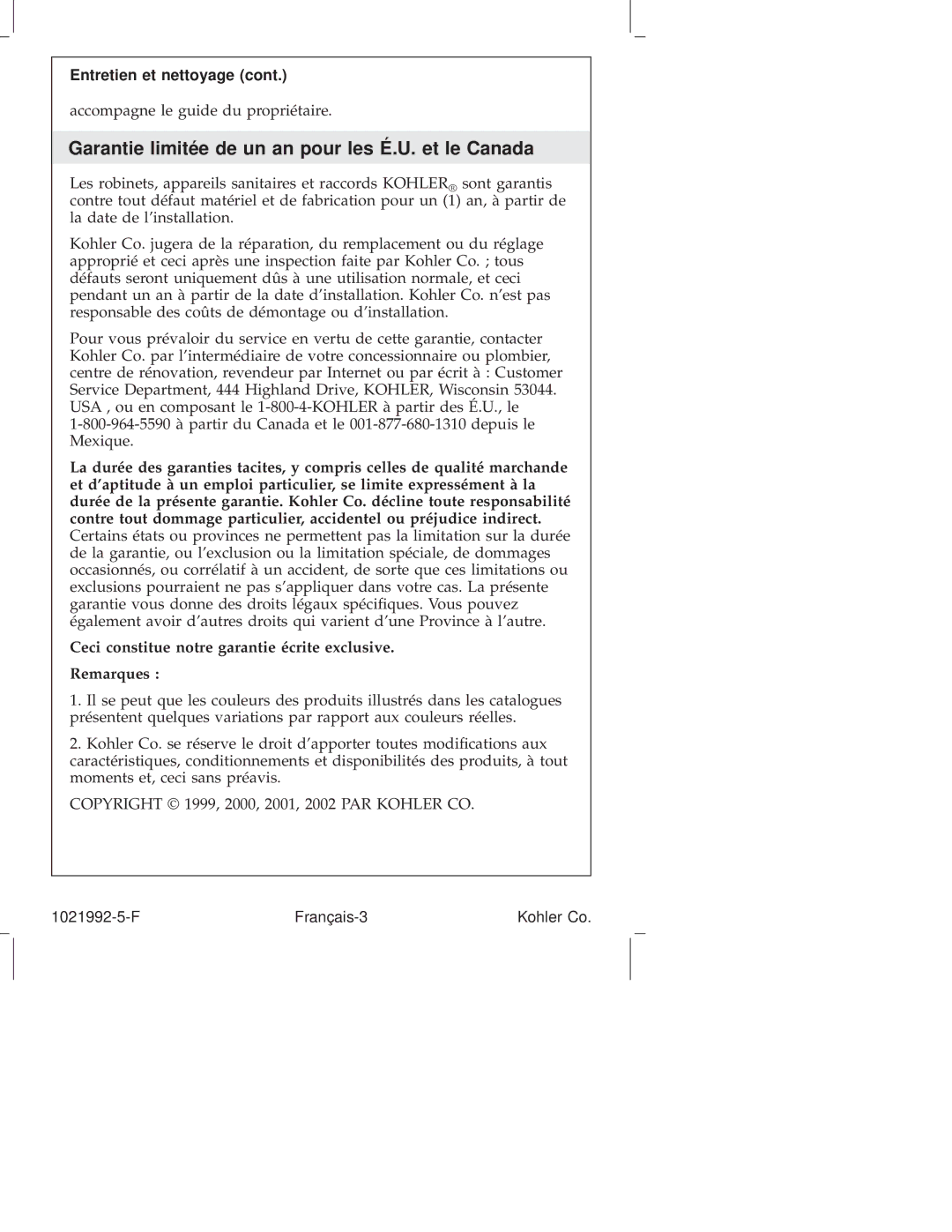 Kohler K-3099, K-3183, K-3166, K-3145, K-3147, K-3182, K-3146, K-3165 manual Garantie limitée de un an pour les É.U. et le Canada 