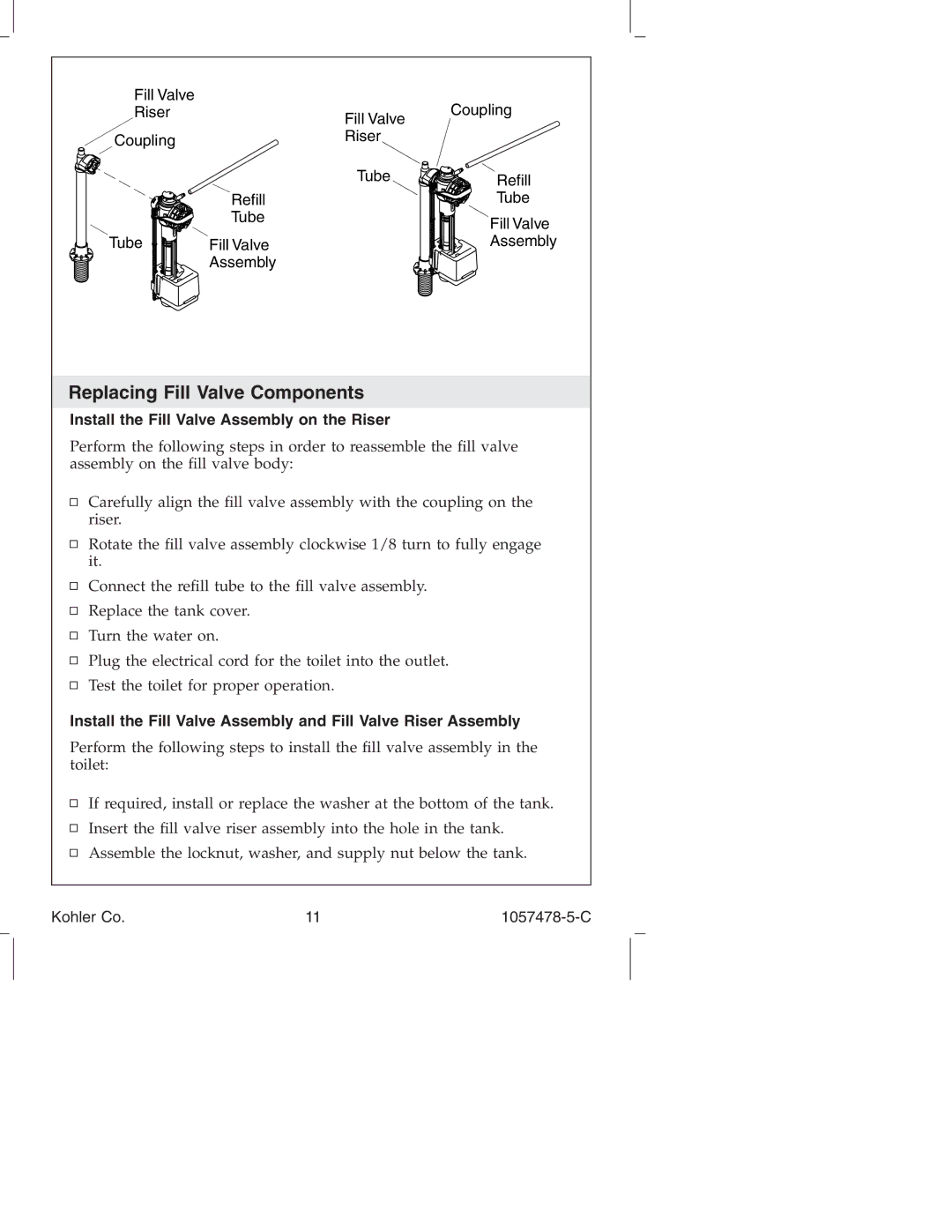 Kohler K-3393 manual Replacing Fill Valve Components, Install the Fill Valve Assembly on the Riser 