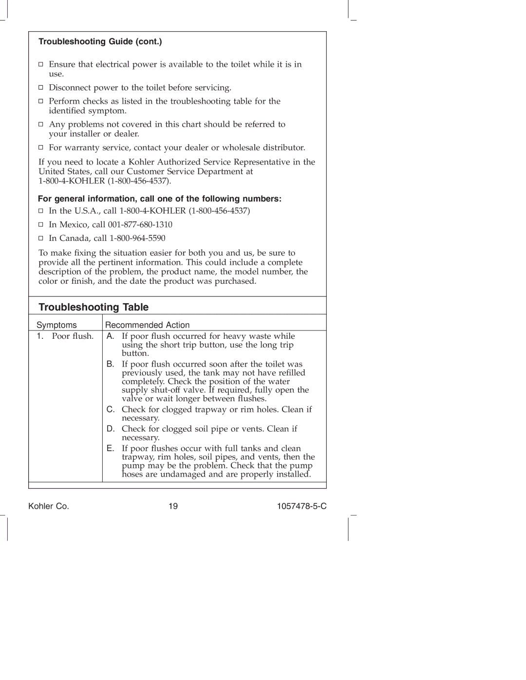 Kohler K-3393 Troubleshooting Table, Troubleshooting Guide, For general information, call one of the following numbers 