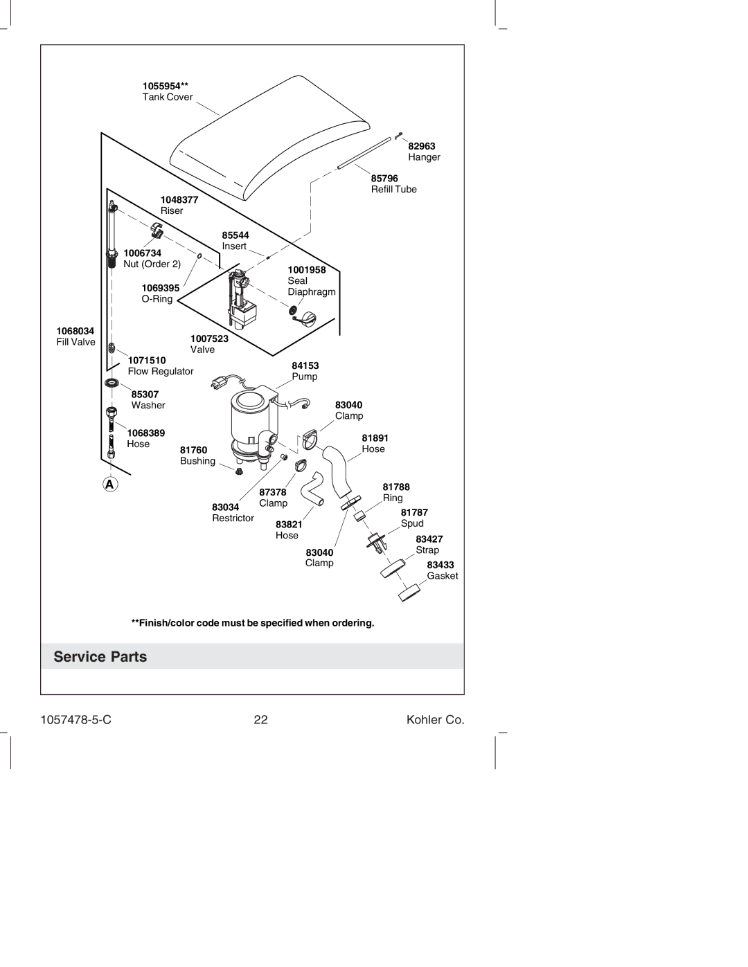 Kohler K-3393 manual Service Parts 