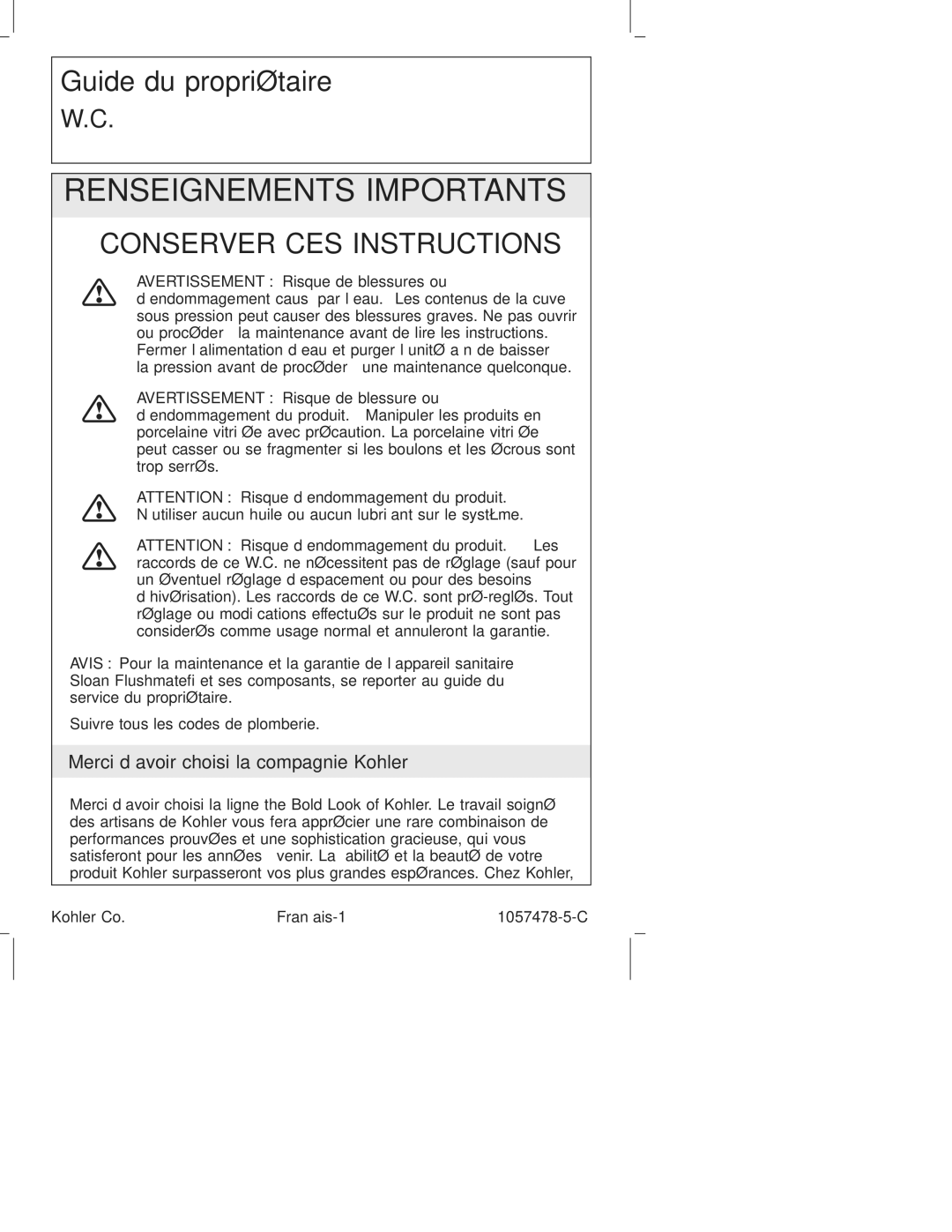 Kohler K-3393 manual Merci d’avoir choisi la compagnie Kohler, Kohler Co Français-1 1057478-5-C 