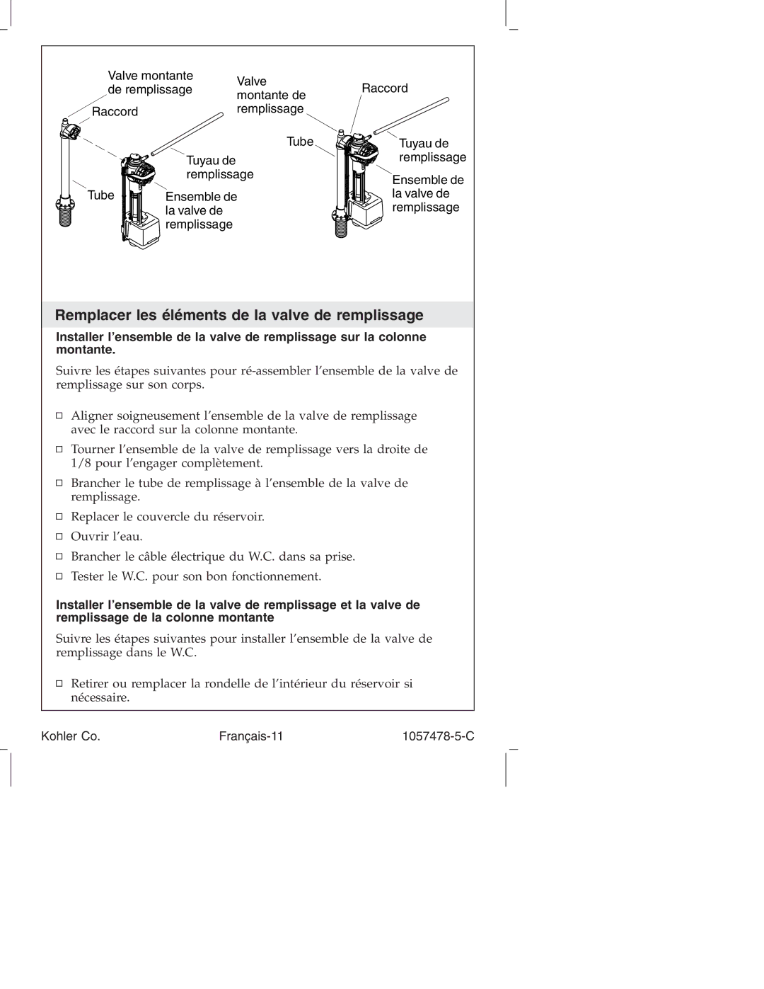 Kohler K-3393 manual Remplacer les éléments de la valve de remplissage, Kohler Co Français-11 1057478-5-C 