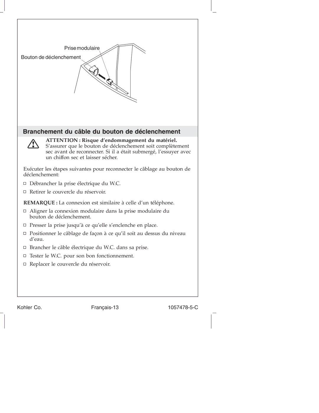 Kohler K-3393 manual Branchement du câble du bouton de déclenchement, Prise modulaire Bouton de déclenchement 