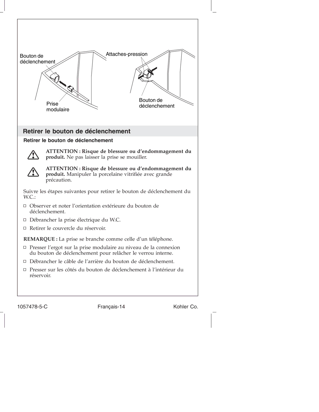 Kohler K-3393 manual Retirer le bouton de déclenchement, C Français-14 Kohler Co 