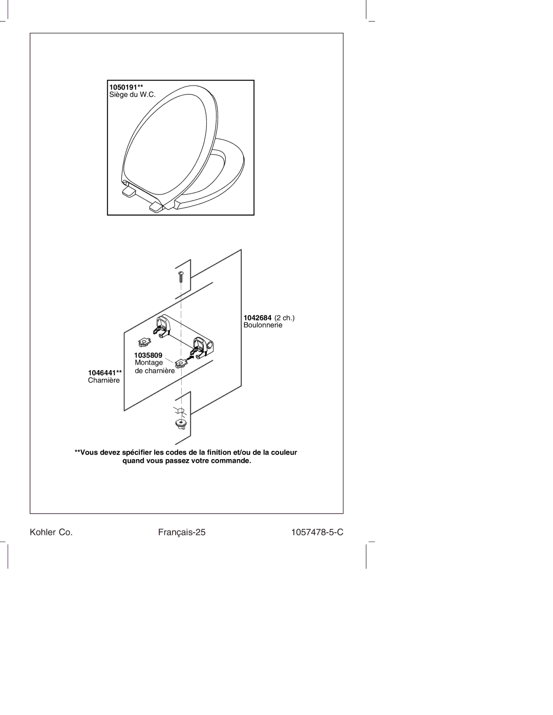 Kohler K-3393 manual Kohler Co Français-25 1057478-5-C 