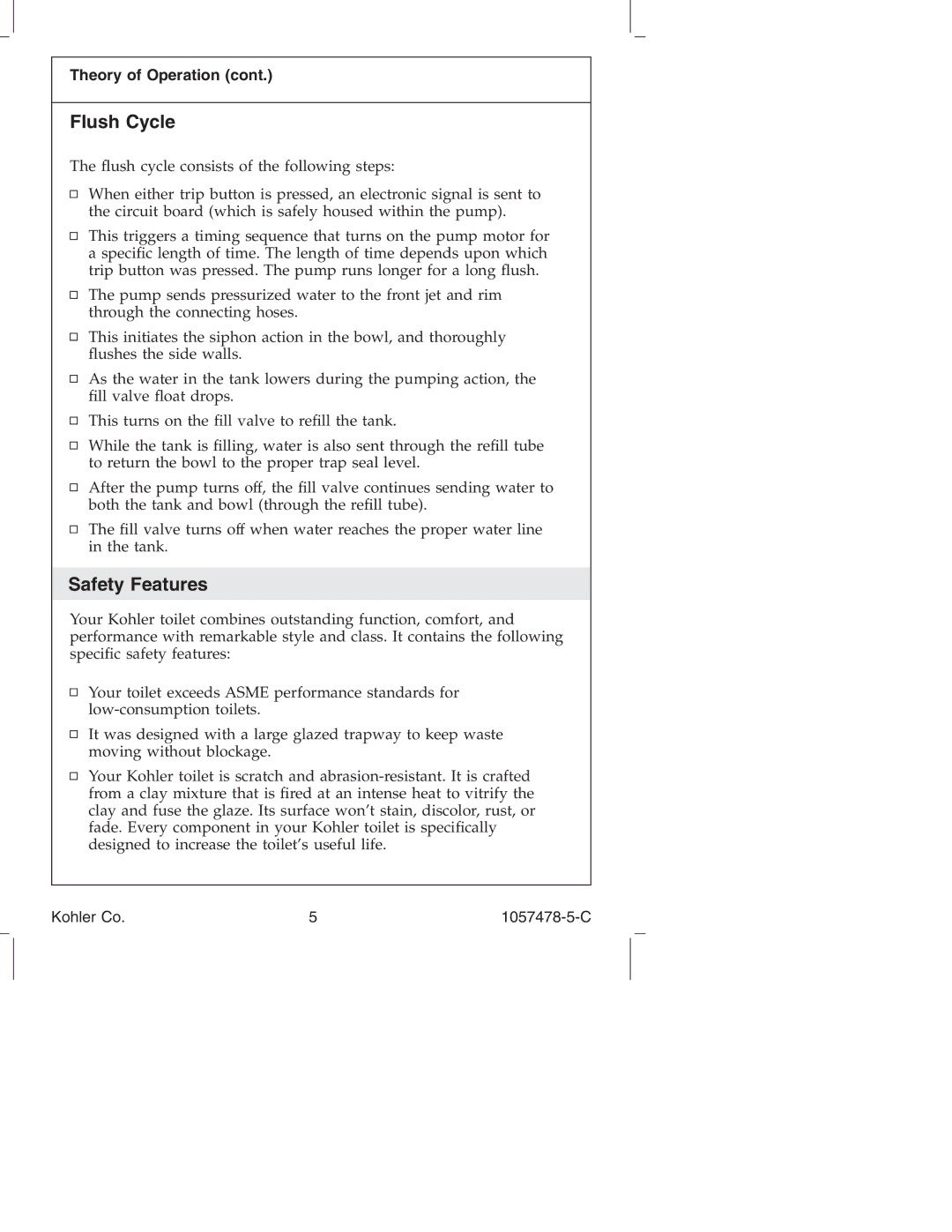 Kohler K-3393 manual Flush Cycle, Safety Features, Theory of Operation 