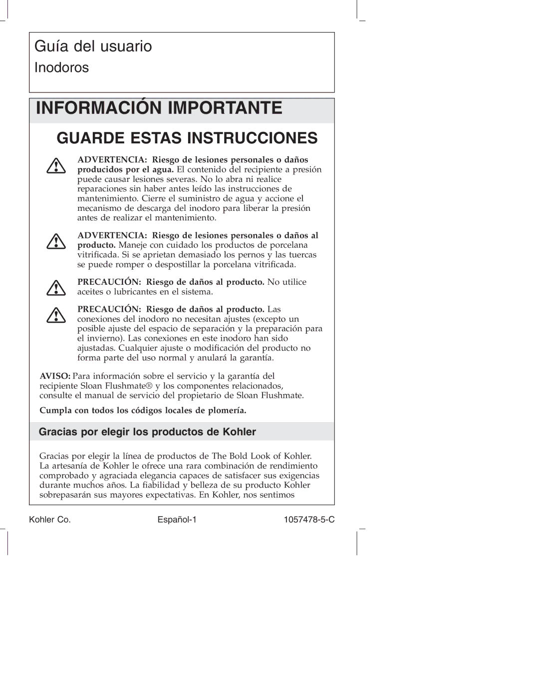 Kohler K-3393 manual Gracias por elegir los productos de Kohler, Kohler Co Español-1 1057478-5-C 