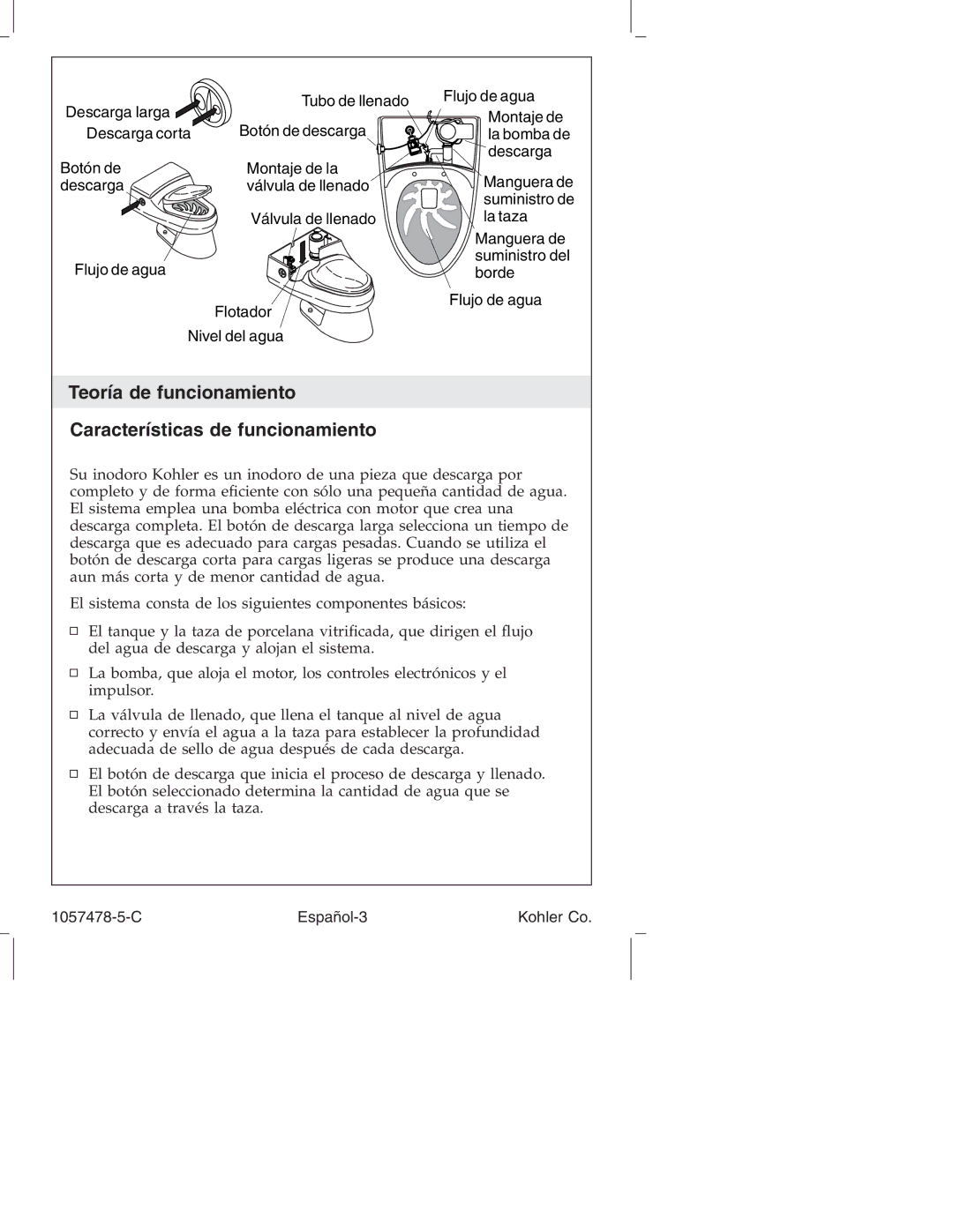 Kohler K-3393 manual Teoría de funcionamiento Características de funcionamiento, C Español-3 Kohler Co 