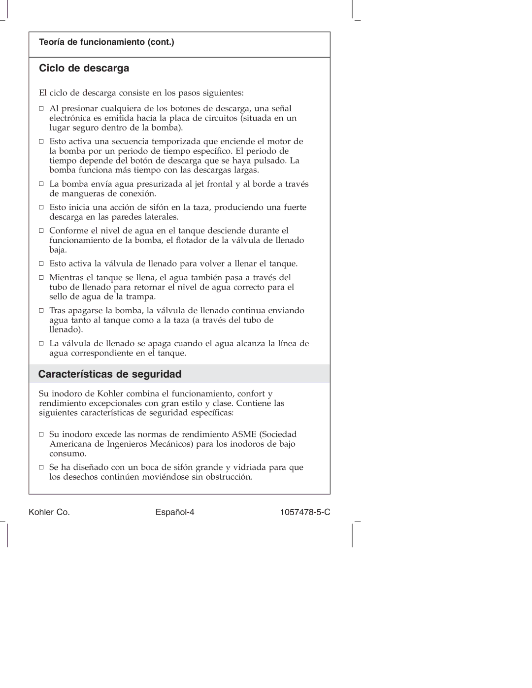 Kohler K-3393 Ciclo de descarga, Características de seguridad, Teoría de funcionamiento, Kohler Co Español-4 1057478-5-C 