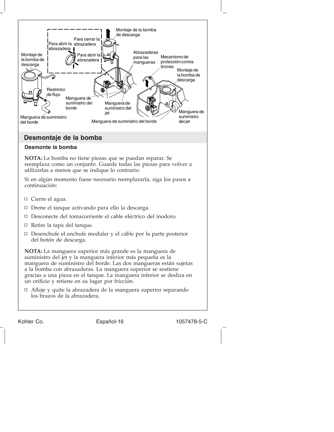 Kohler K-3393 manual Desmontaje de la bomba, Desmonte la bomba, Kohler Co Español-16 1057478-5-C 