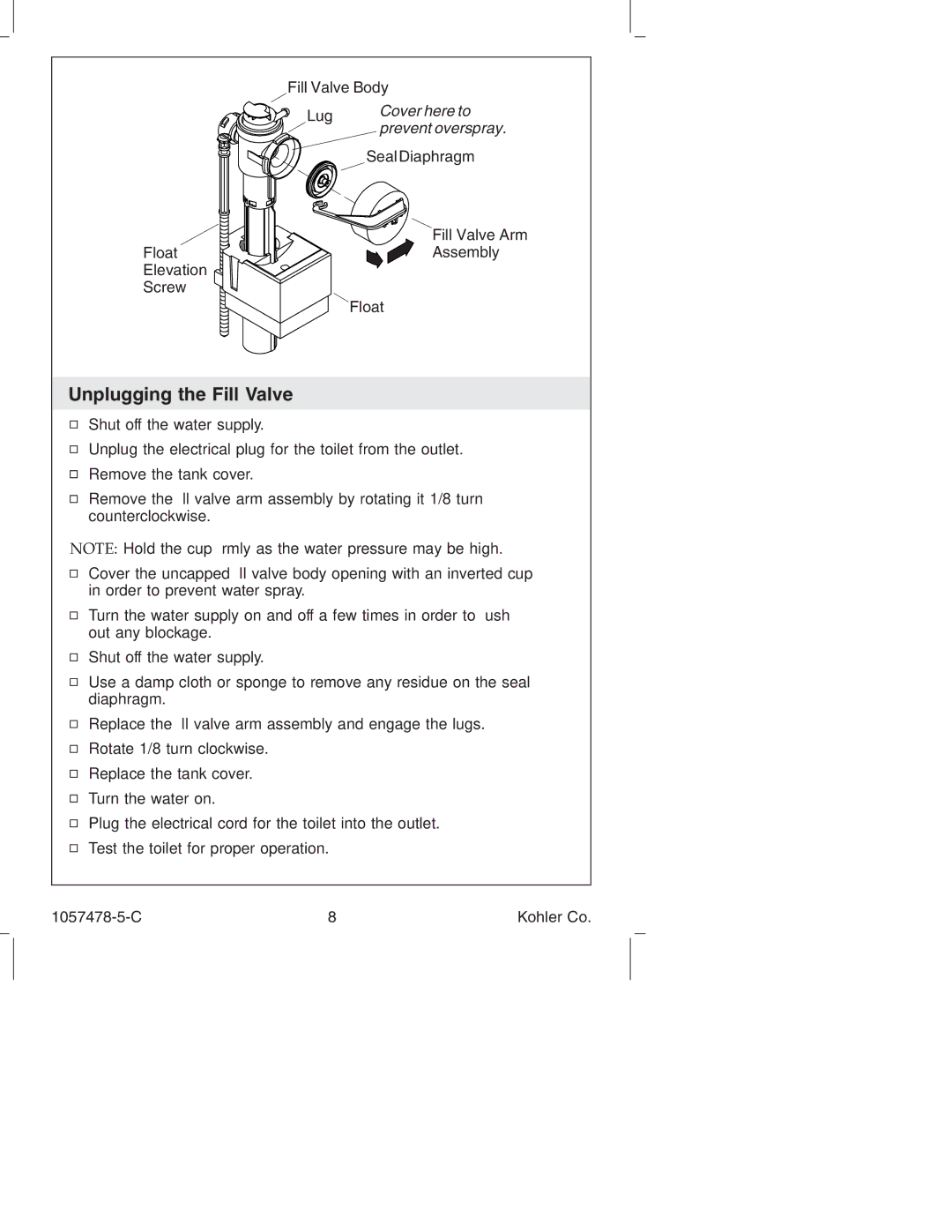 Kohler K-3393 Unplugging the Fill Valve, Fill Valve Body Lug, Seal Diaphragm, Fill Valve Arm FloatAssembly Elevation Screw 