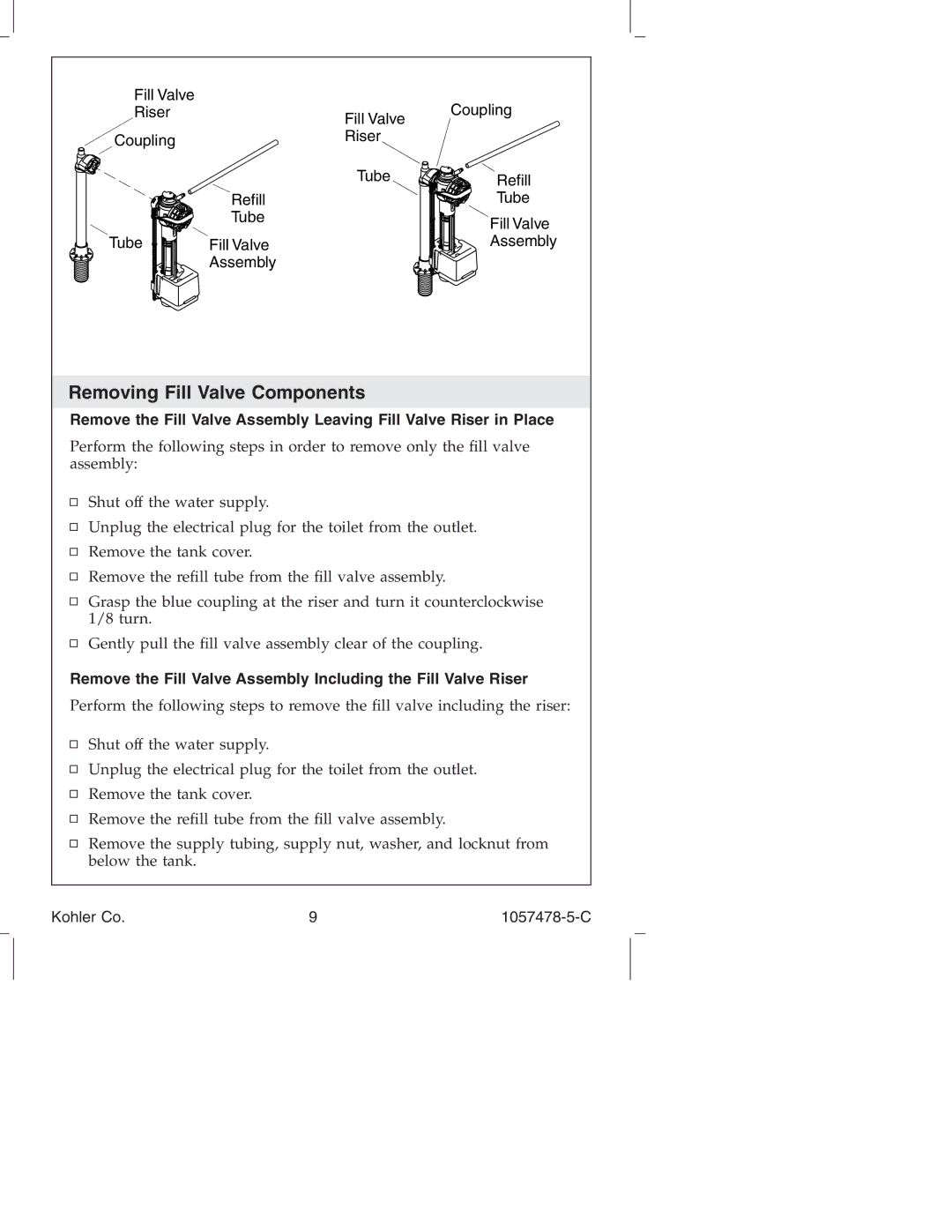 Kohler K-3393 manual Removing Fill Valve Components 