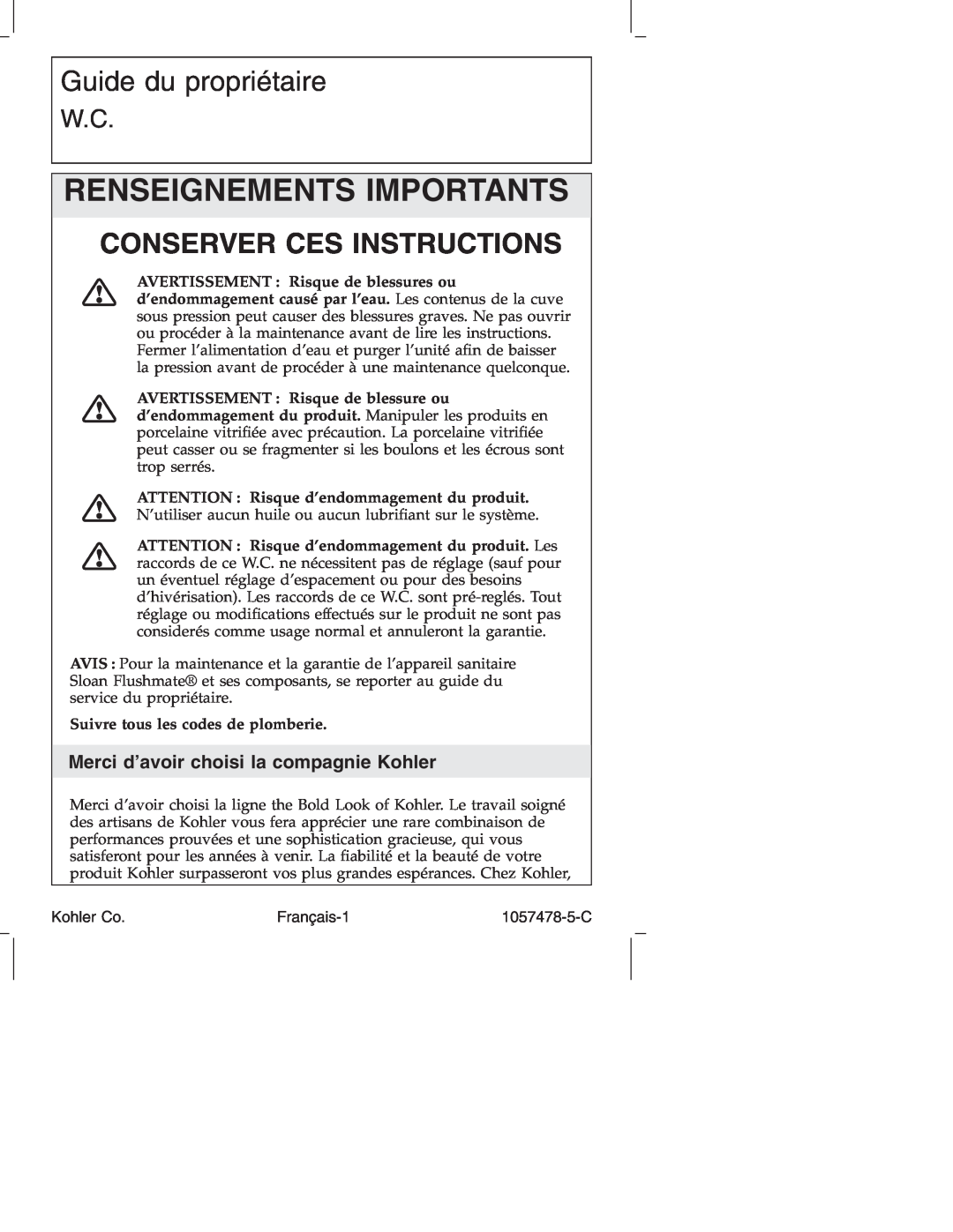 Kohler K-3393 manual Renseignements Importants, Guide du propriétaire, Conserver Ces Instructions 