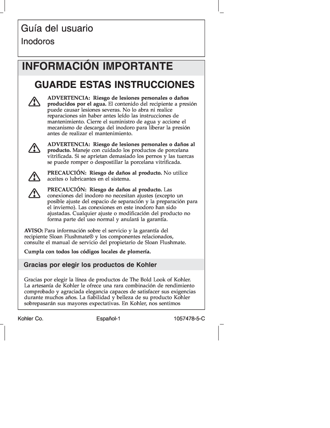 Kohler K-3393 manual Información Importante, Guía del usuario, Guarde Estas Instrucciones, Inodoros 