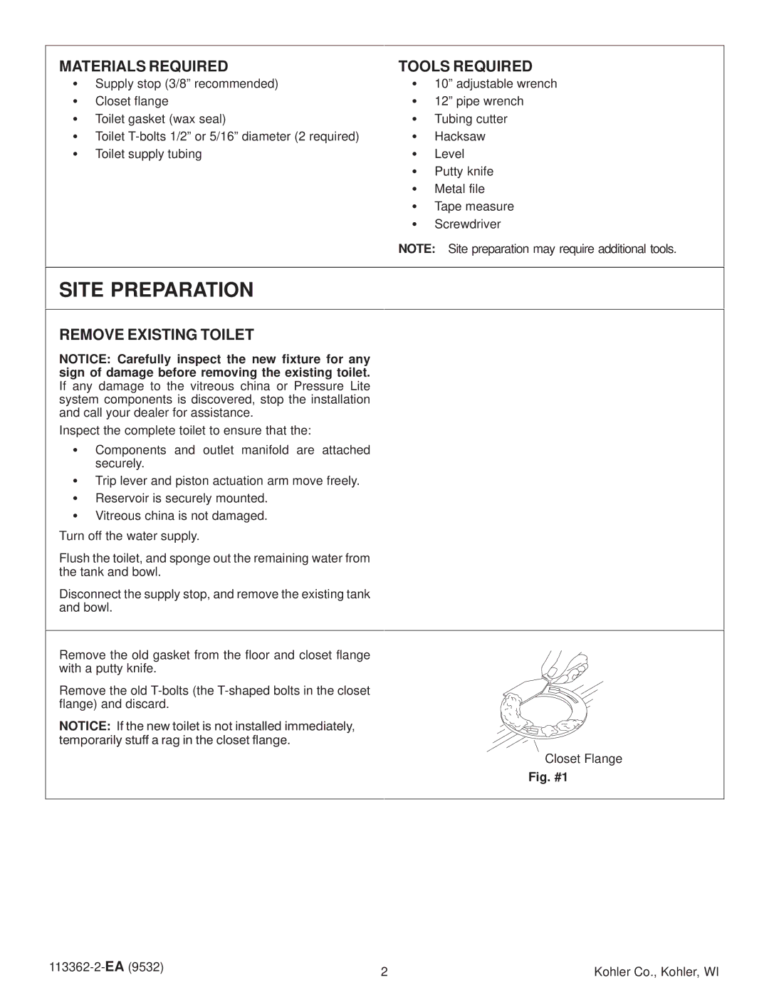 Kohler K-3394 warranty Site Preparation, Materials Required Tools Required, Remove Existing Toilet 