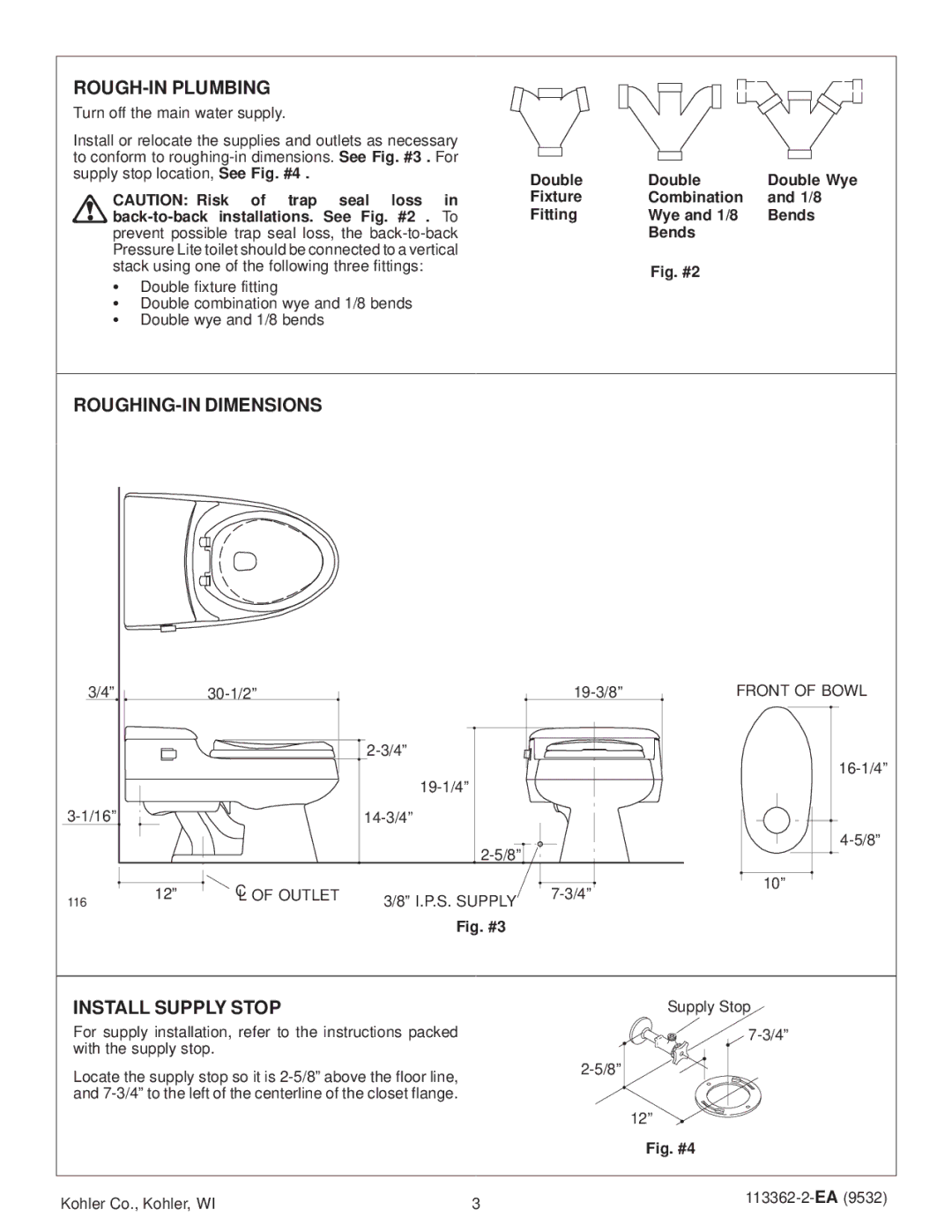 Kohler K-3394 warranty ROUGH-IN Plumbing, ROUGHING-IN Dimensions, Install Supply Stop 