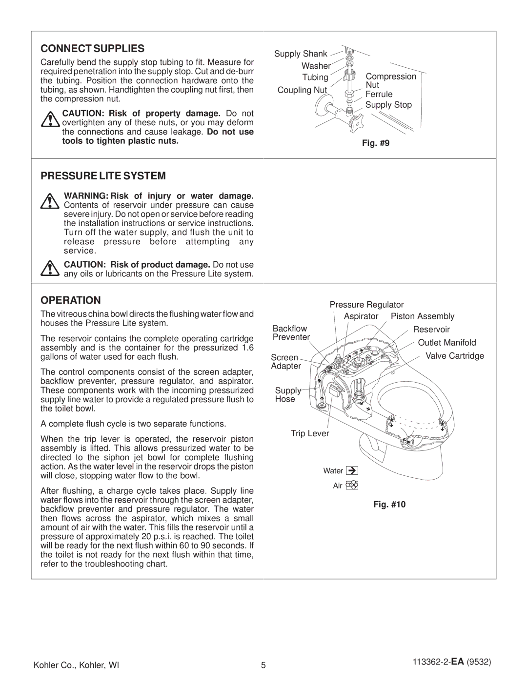 Kohler K-3394 warranty Connect Supplies, Pressure Lite System, Operation 