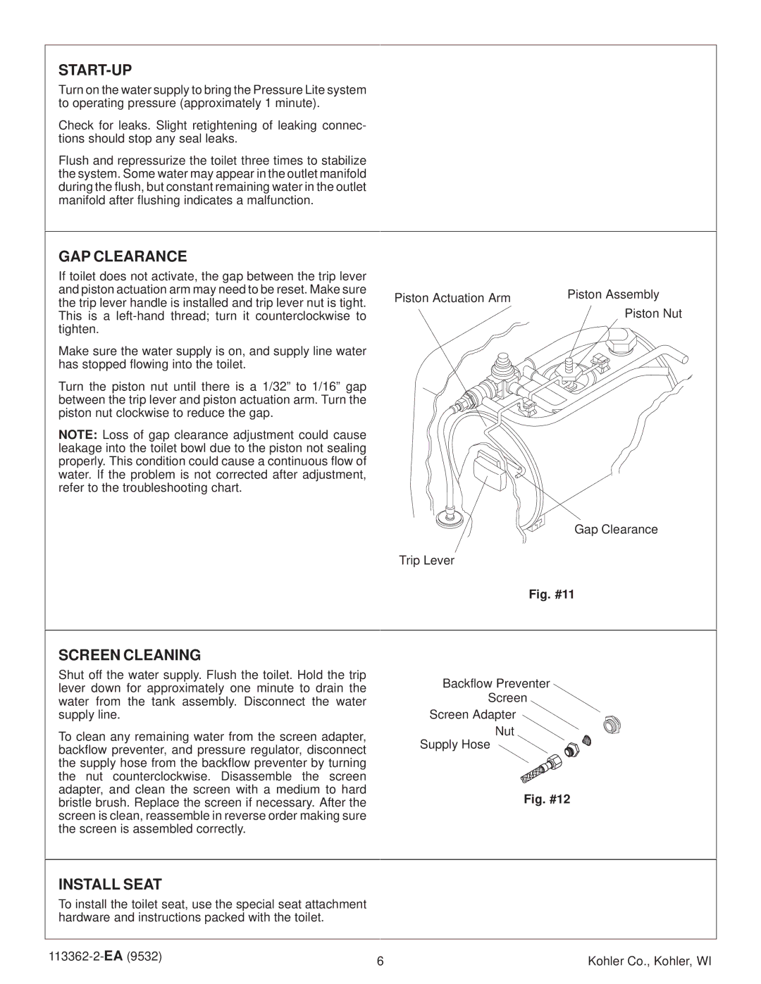 Kohler K-3394 warranty Start-Up, GAP Clearance, Screen Cleaning, Install Seat 