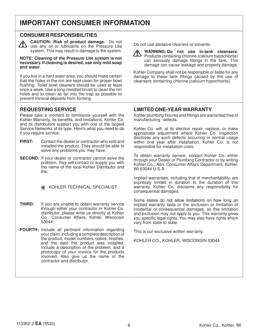 Kohler K-3394 Important Consumer Information, Consumer Responsibilities, Requesting Service, Limited ONE-YEAR Warranty 