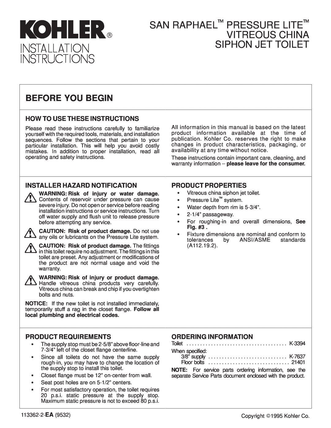 Kohler K-3394 warranty Before You Begin, How To Use These Instructions, Installer Hazard Notification, Fig. #3 