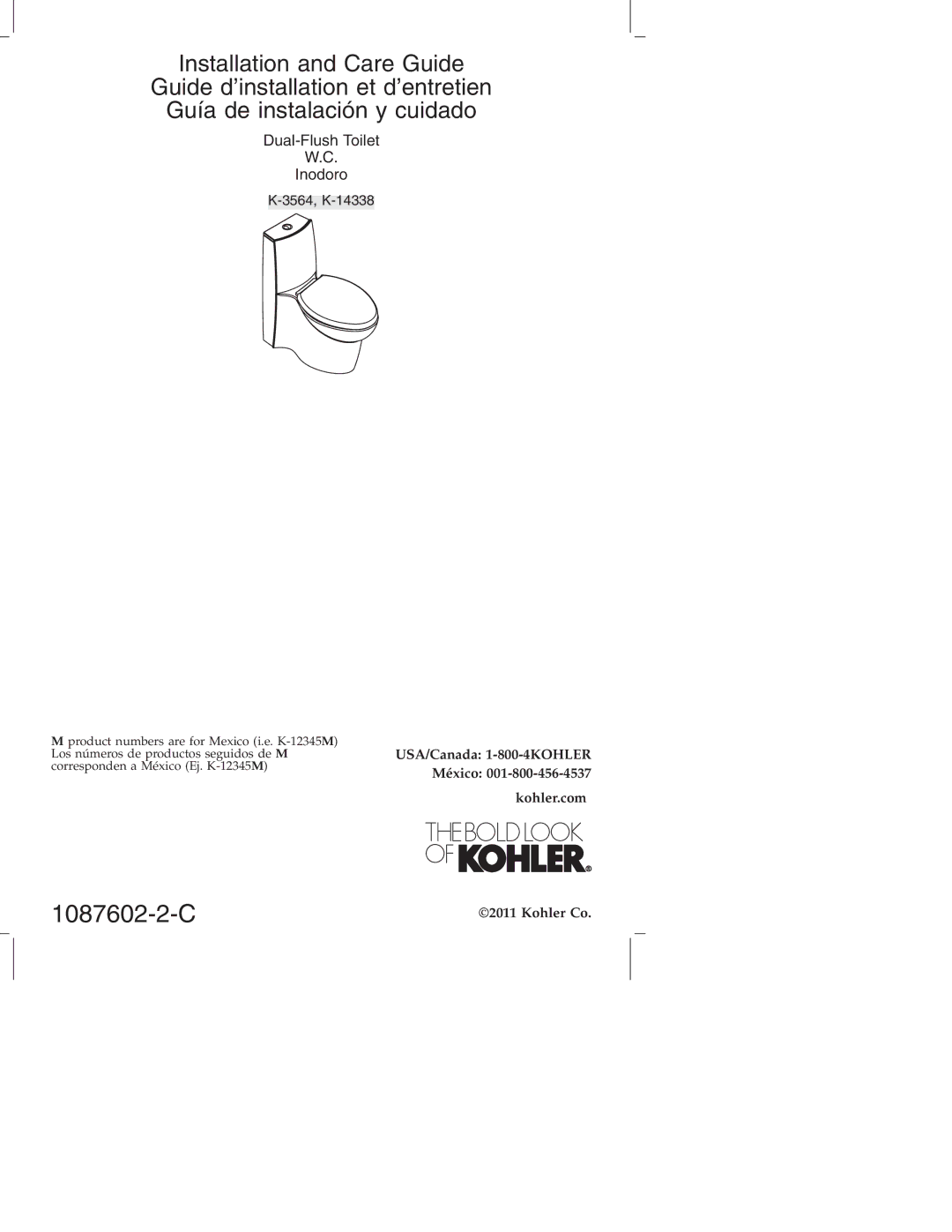 Kohler K-14338, K-3564 manual 1087602-2-C 