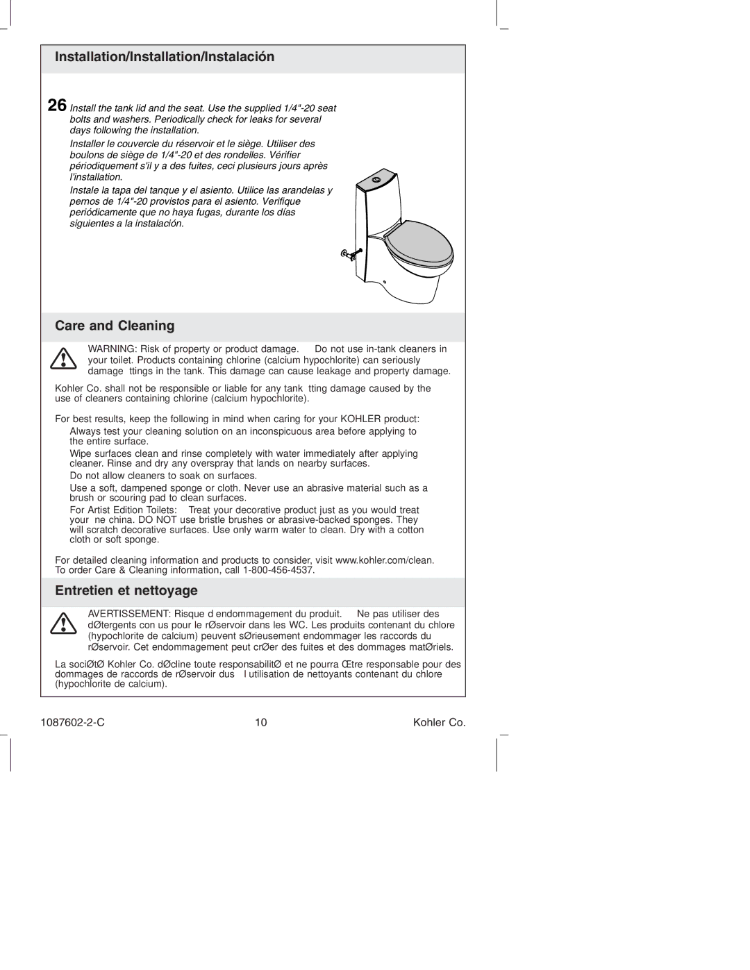 Kohler K-3564, K-14338 manual Care and Cleaning, Entretien et nettoyage 