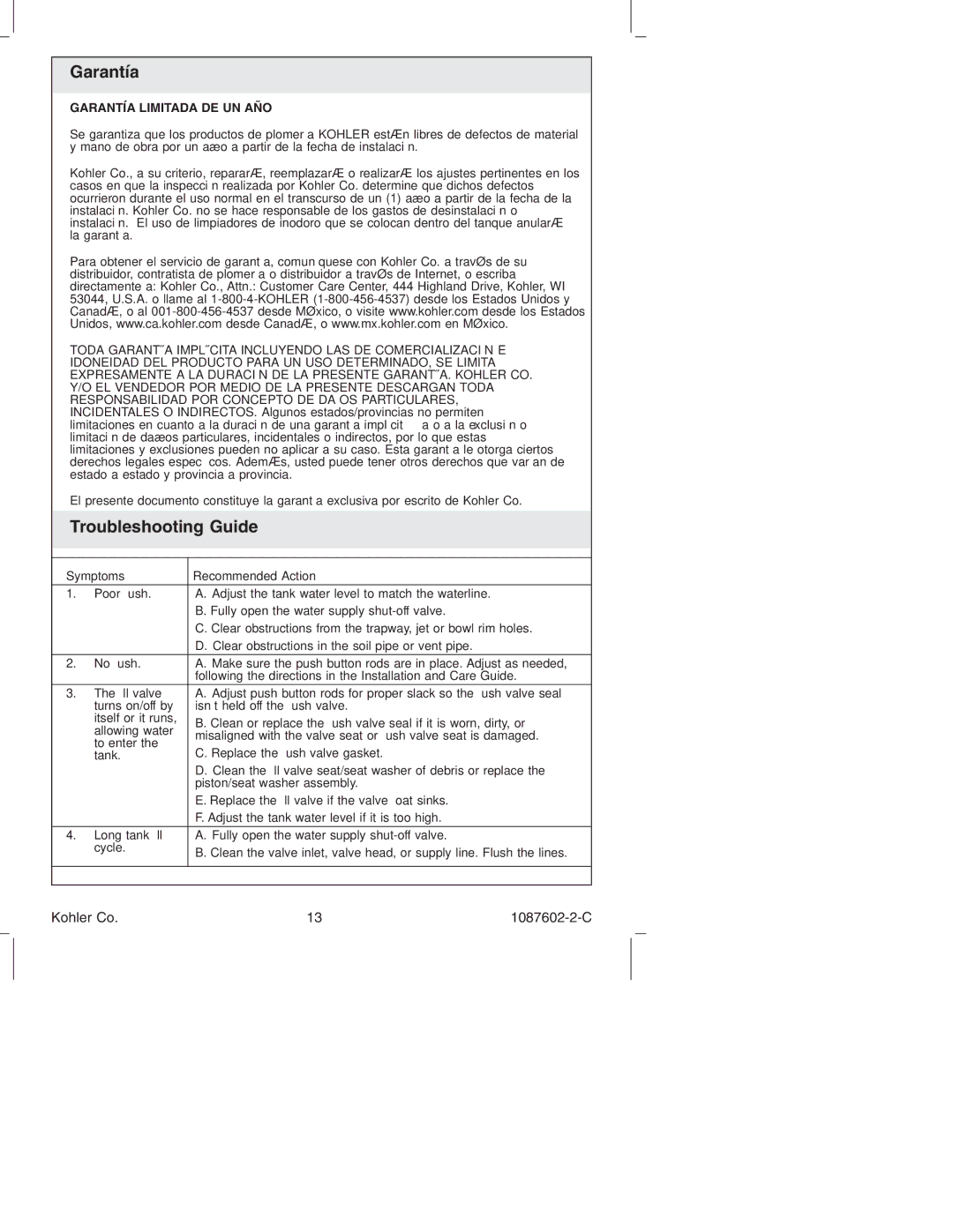 Kohler K-14338, K-3564 manual Garantía, Troubleshooting Guide 