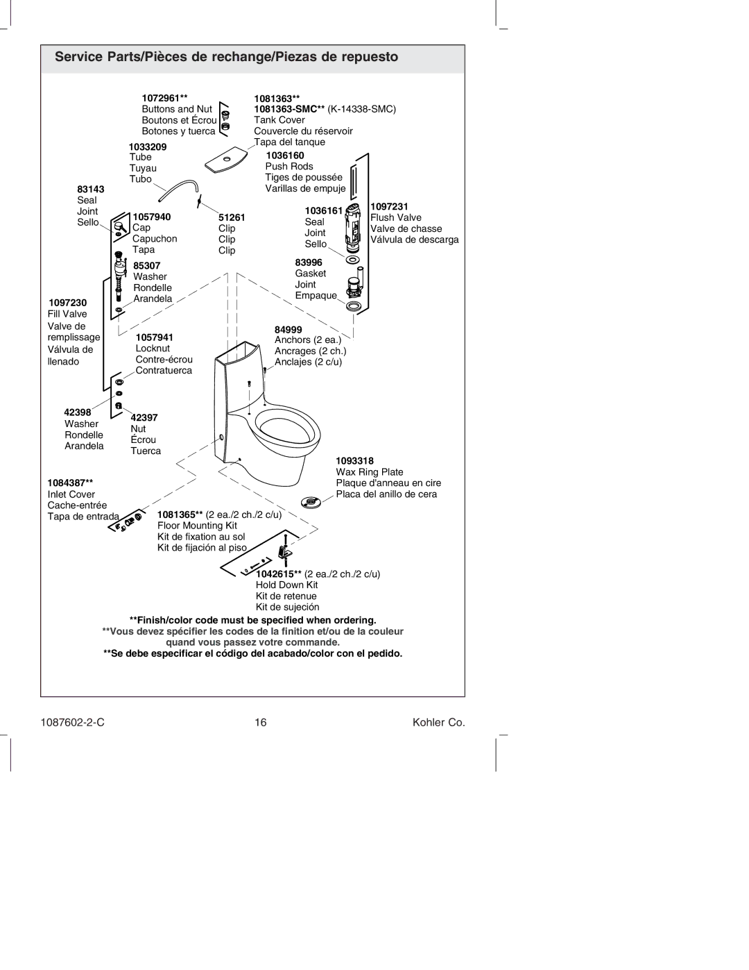 Kohler K-3564, K-14338 manual Service Parts/Pièces de rechange/Piezas de repuesto, Nut Écrou Tuerca 1093318 