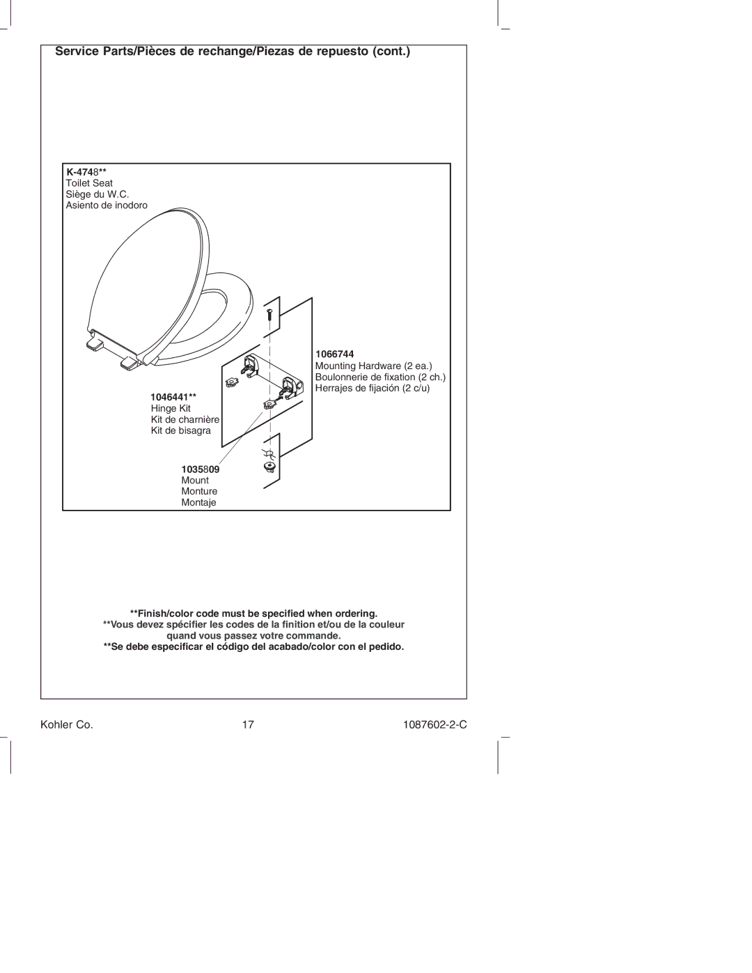 Kohler K-14338, K-3564 manual Service Parts/Pièces de rechange/Piezas de repuesto 