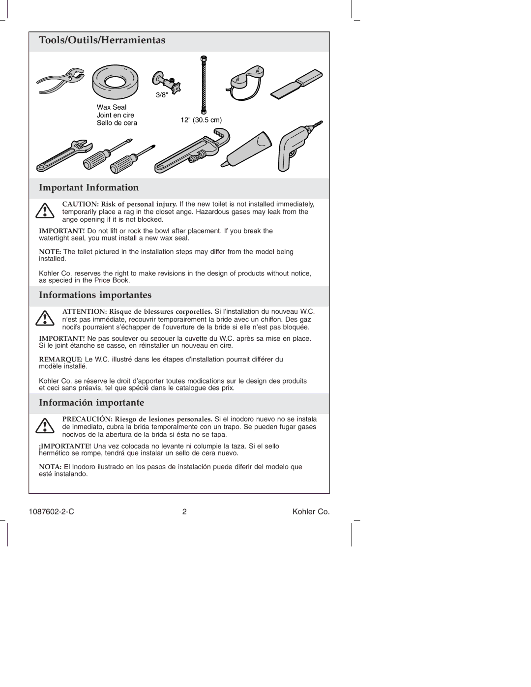 Kohler K-3564, K-14338 manual Important Information, Informations importantes, Información importante 