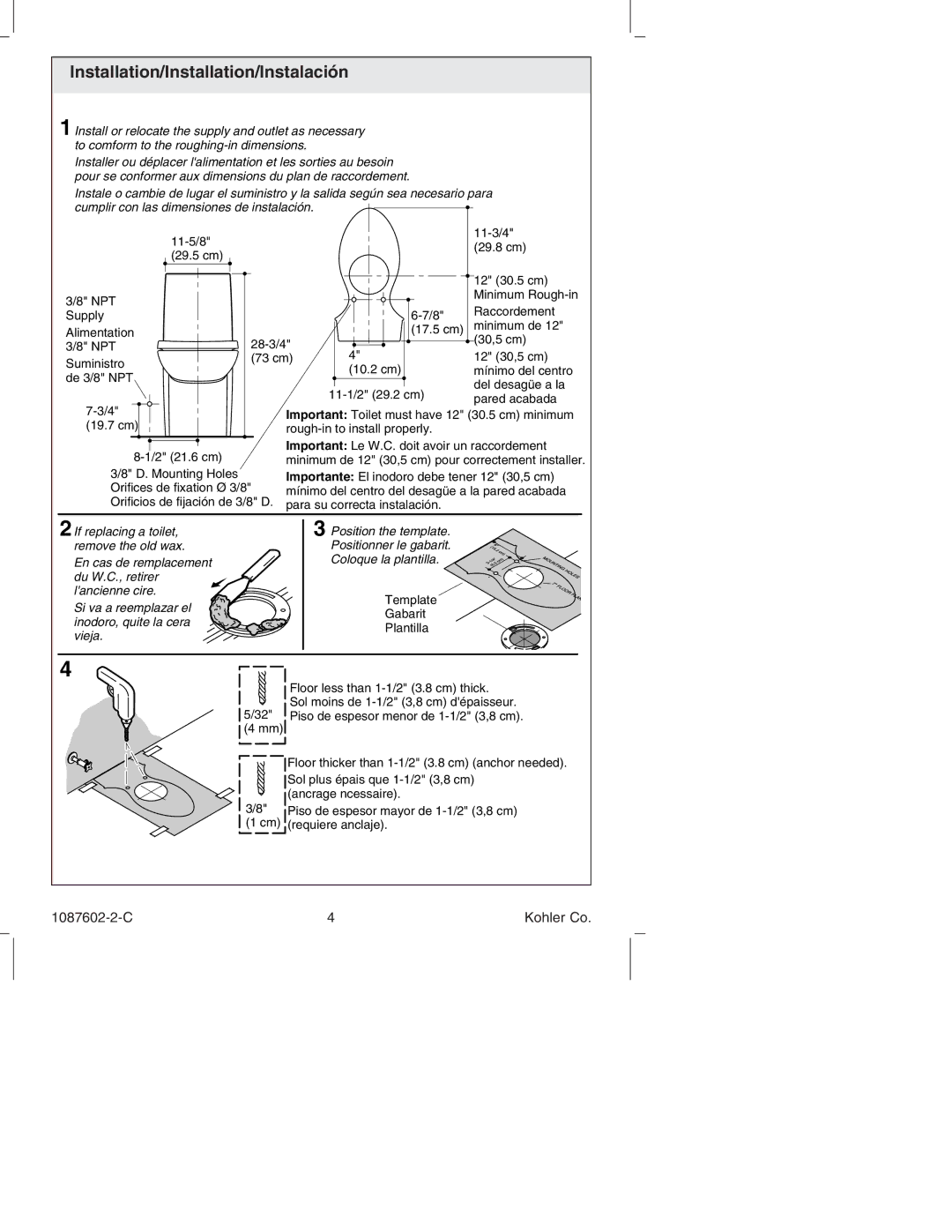 Kohler K-3564, K-14338 manual Installation/Installation/Instalación, Vieja 