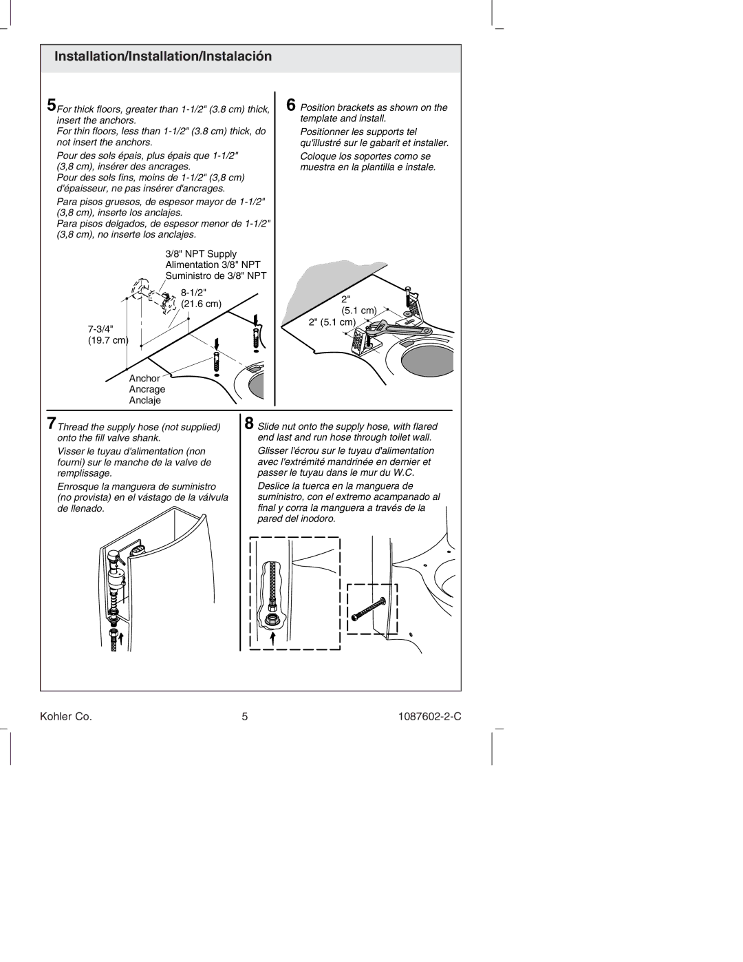 Kohler K-14338, K-3564 manual Position brackets as shown on the template and install 