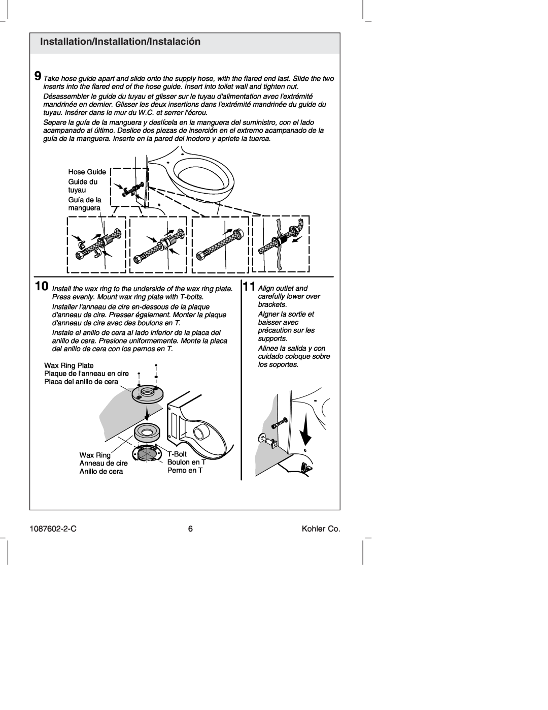 Kohler K-3564 manual Hose Guide Guide du tuyau Guía de la manguera, Wax Ring Plate Plaque de lanneau en cire, 1087602-2-C 