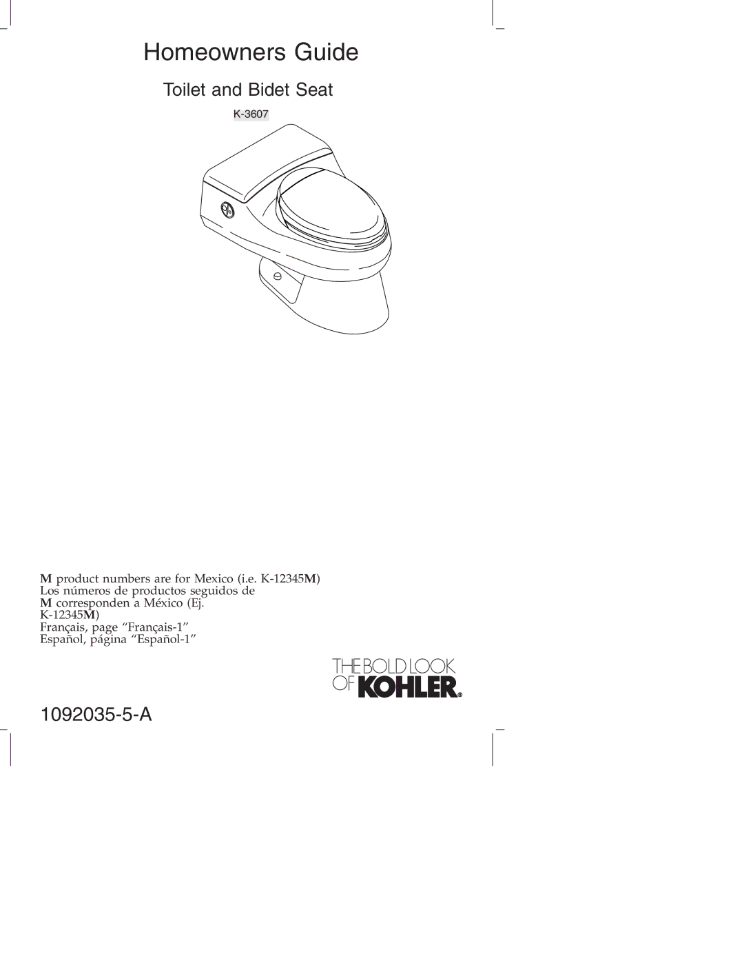 Kohler K-3607 manual Homeowners Guide 